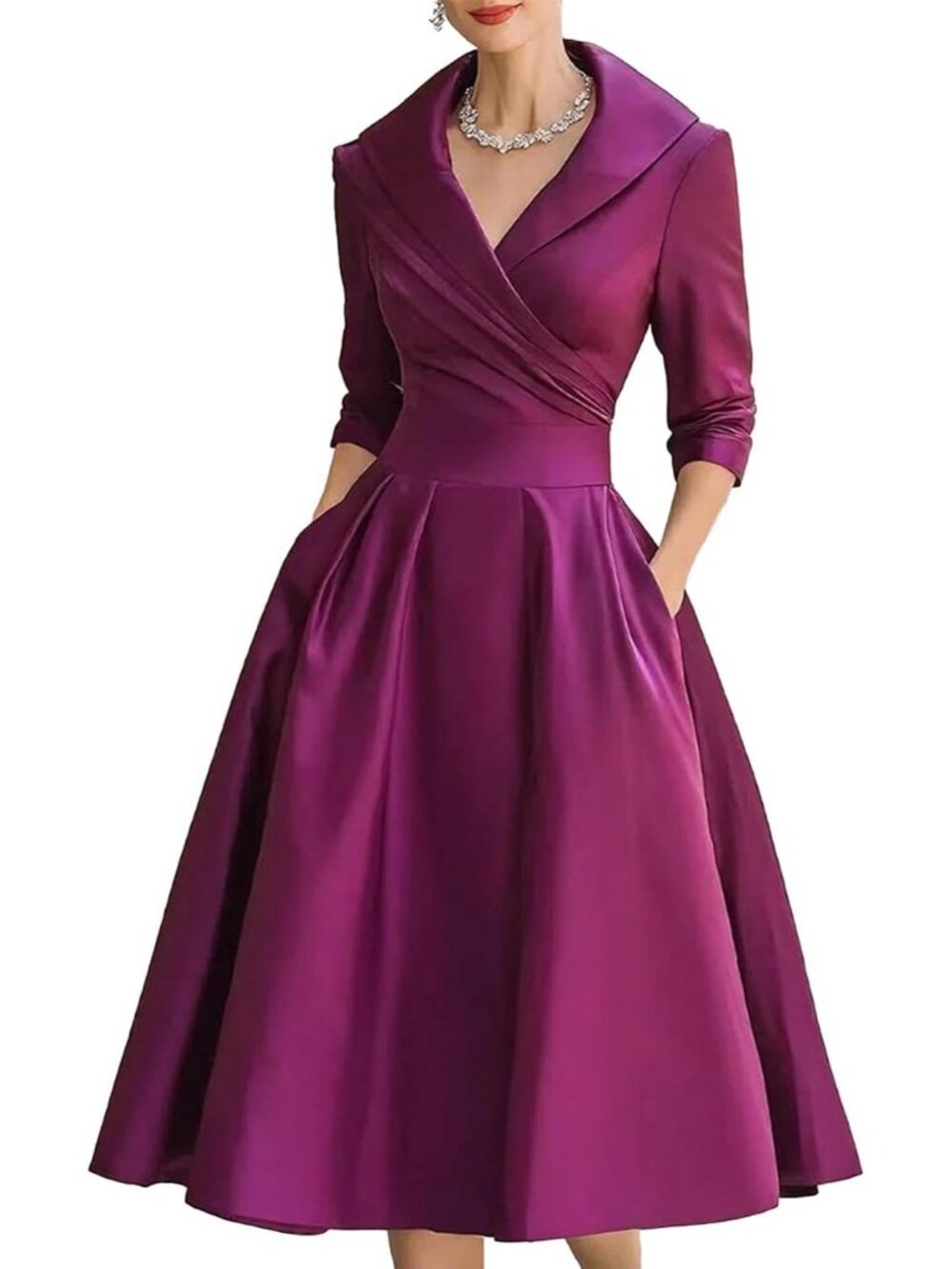 Women's Purple Wrap Long Sleeve V-Neck Silky Casual Elegant Midi Church Dress